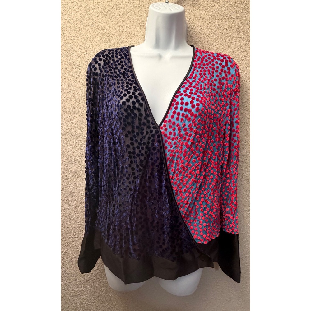 Diane von Furstenberg DVF Velvet Polka Dot Wrap Blouse Navy Red Blue Silk Mix P